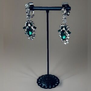 Vintage Marquise Cut Green Emerald & Crystal Rhinestone Clip-On Dangle Earrings